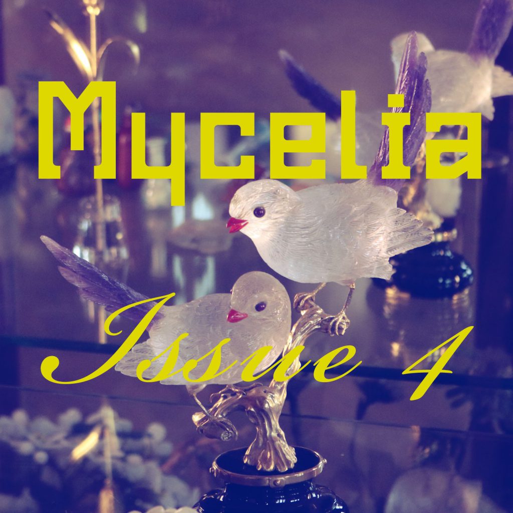About Hedera Felix. Two small frosted glass birds face outward, looking toward the bottom left corner of the square graphic. A violet filter washes the scene. Acid yellow text superimposed says: Mycelia Issue 4.