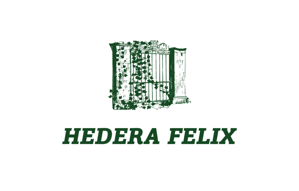 Illustration of a large, old gate made of stone pillars and wrought iron gates, overgrown with ivy. Under the gate are the words Hedera Felix.